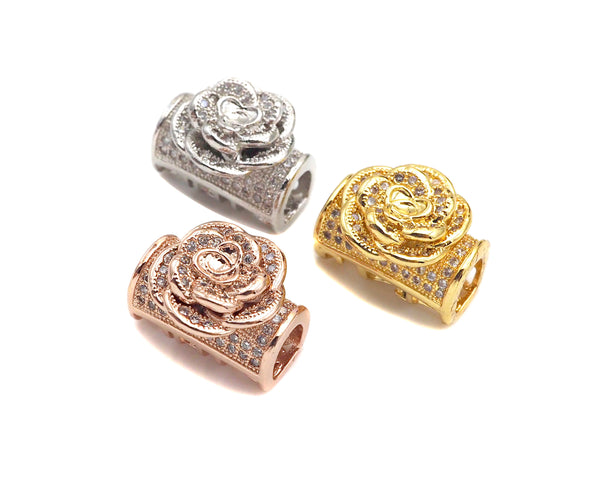 CZ Micro Pave Rose Flower Tube Spacer beads, Flower Tube beads, Gold/Rose Gold/Silver Flower tube space beads,7x14mm, sku#N55
