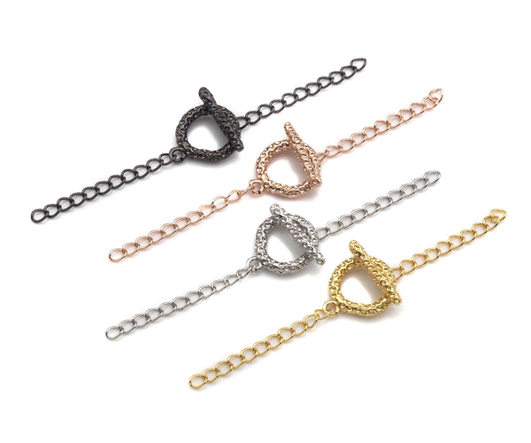 1 Set Textured Fancy Toggle Clasp with extension chain, Gold/Silver/Rose Gold/Gunmetal Toggle Clasp, T-bar closures, 12mm, sku#Y288