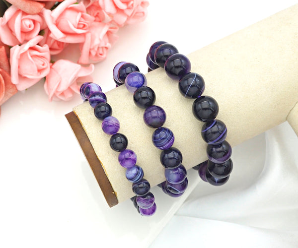 High Quality Natural Purple Banded Agate Stretchy Bracelet, 8mm/10mm/12mm Elastic Fit Round Smooth Bracelet, 7.5'' Bracelet, Sku#EF08