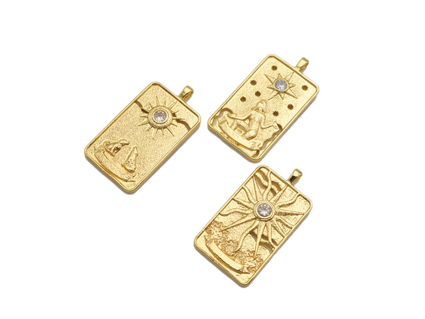 14K Gold Filled Tarot Card Charm, Sun Star Moon Rectangle Shape Pendant,Gold Medallion Charm, Tarot Card Necklace  Pendant,18x34mm, Sku#CP16