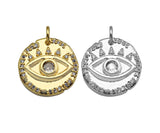 CZ Micro Pave Evil Eye On Hammered Coin Pendant/Charm,Cubic Zirconia Gold/Silver Charm, Necklace Bracelet Charm Pendant,16x16mm, Sku#L398