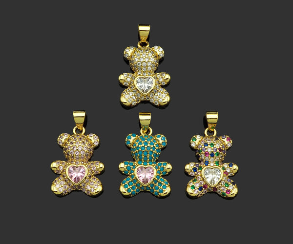 CZ Micro Pave Colorful Heart On Teddy Bear Pendant/Charm, Colorful Cubic Zirconia Charm, Necklace Bracelet Charm Pendant,20x15mm, Sku#LK216