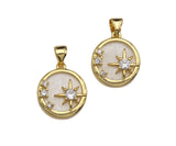 Clear CZ Micro Pave North Star On Round Coin Shape Pendant Charm, Cubic Zirconia Round Coin Mother Of Pearl Charm,14x16mm,sku#LK160
