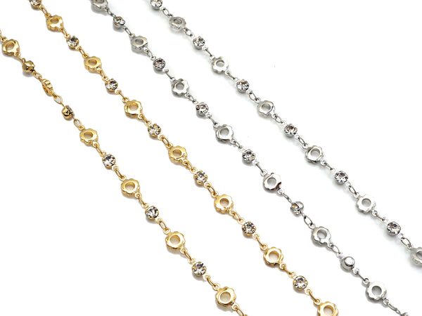 Dainty Round Flower Cubic Zirconia Gold Filled Chain, Chain Supplies, Bulk Chain for Rosary Necklace Bracelet Supply, 6x13mm,sku#M365