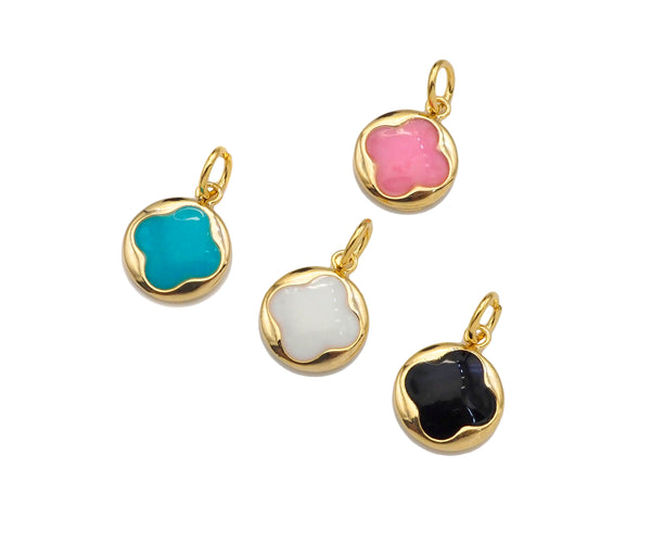 Gold Filled Colorful Clover On Round Shape Pendant, 14K Gold Filled White/Black/Pink/Blue Charm, Necklace Bracelet Charm, 10x12mm, Sku#CP33