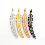 61mm Long CZ Micro Pave Feather Leaf Pendant, Gold/Rose gold/Black/Silver,  Cubic Zirconia Pave Pendant/Charm,sku#F510