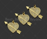 CZ Micro Pave Cupid Arrow On Heart Shape Pendant,Cubic Zirconia Dainty Gold Charm, Necklace Bracelet Charm Pendant,25x18mm, Sku#LK271