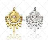 CZ Micro Pave Evil Eye Cresent Moon On Round Coin With Radial Pendant/Charm, Real Gold Plated Charm Pendant,22x27mm, Sku#L427