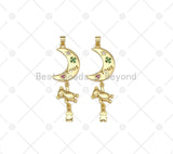 CZ Micro Pave Cresent Moon With Teddy Bear Shape Pendant,18K Gold Filled Moon Bear Charm, Necklace Bracelet Charm Pendant,16x51mm,Sku#LK477