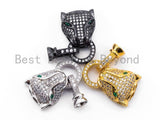 CZ Micro Pave 18K Gold Panther Leopard Head Buckle Interlocking Clasp, Green Eye Leopard Head Clasp for Jewelry Making, 30x13x7mm, sku#K54