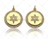 CZ Micro Pave North Star On Round Coin Pendant/Charm,Cubic Zirconia Star Charm, Necklace Bracelet Charm Pendant,15x17mm, Sku#Y395