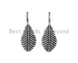 CZ Micro Pave Leaf Pendant, Antique Silver Tone, Clear Cubic Zirconia Big Pave Leaf Charm Pendant, 22x44mm,sku#F1010C