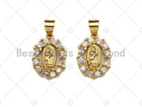 18K Gold Virgin Mary On Oval Emblem Shape Pendant, Oval Charm,  Sku#F1150C