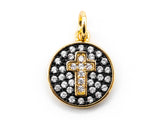 CZ Micro Pave Cross Symbol on Disc Round Charm/Pendant, Black CZ in Gold Rose, Gold, Silver Finish,  11x13mm,sku#Y10