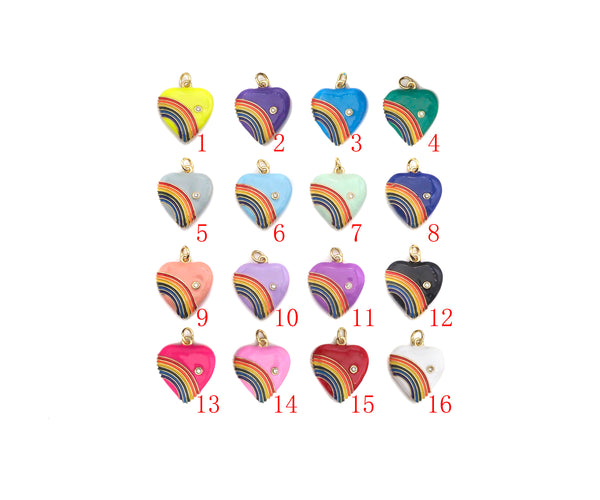 Rainbow Enamel Heart Pendant, Vintage Rainbow Heart Charms, Enamel with CZ Heart Charm, 21x18mm,sku#F1359