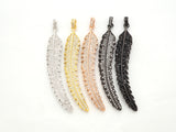 61mm Long CZ Micro Pave Feather Leaf Pendant, Gold/Rose gold/Black/Silver,  Cubic Zirconia Pave Pendant/Charm,sku#F510