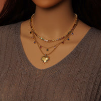 Multicolor CZ Gold Chain Heart Pendant Necklace set, Sku#EF537