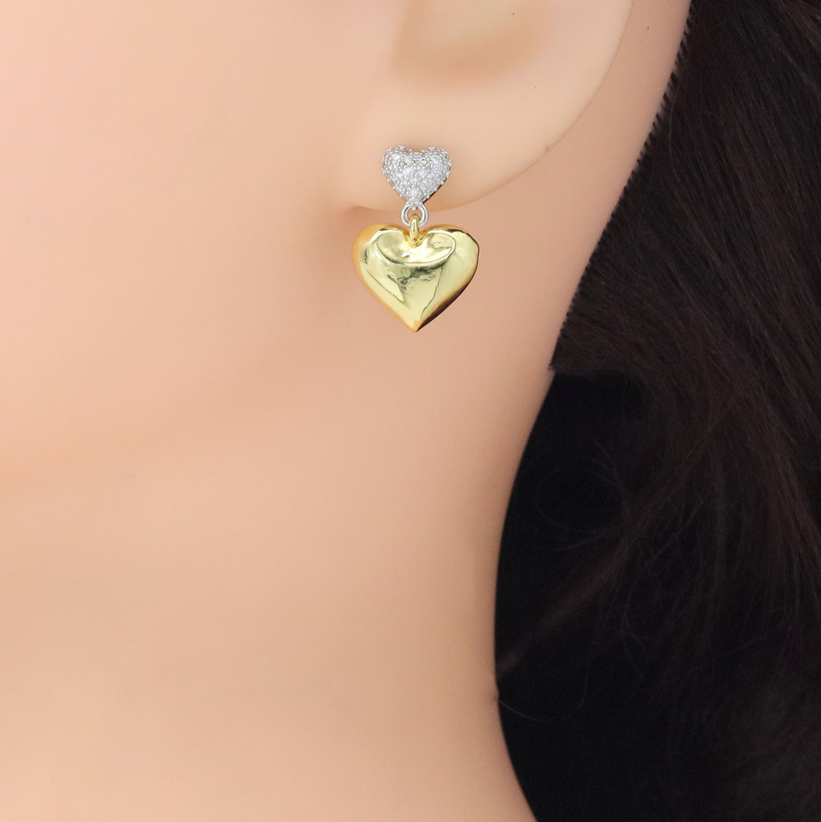 Dual Color CZ Gold Silver Heart Stud Earrings, Sku#LX668