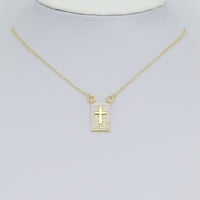 Gold Clear CZ Cross On Rectangle Charm Pendant, Sku#LK988
