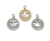 Mother-of-pearl Inlay Smiley Face Round Pendant/Charm, Cubic Zirconia Pendant Charm, MOP Charm, 18x16mm,Sku#L368