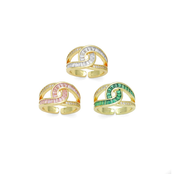 Pink Green Clear Baguette CZ Cross Link Adjustable Ring, Sku#LD653