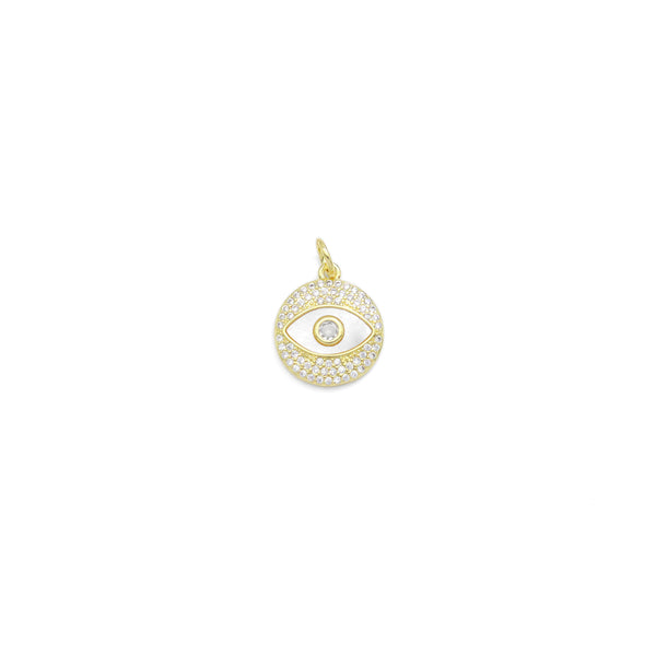 Gold Clear CZ Mother of Pearl Evil Eye Coin Shape Charm, Sku#LX462
