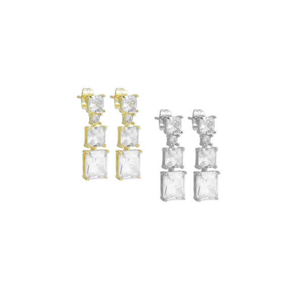 Gold Silver Graduated Square CZ Dangle Earrings, Sku#LX632