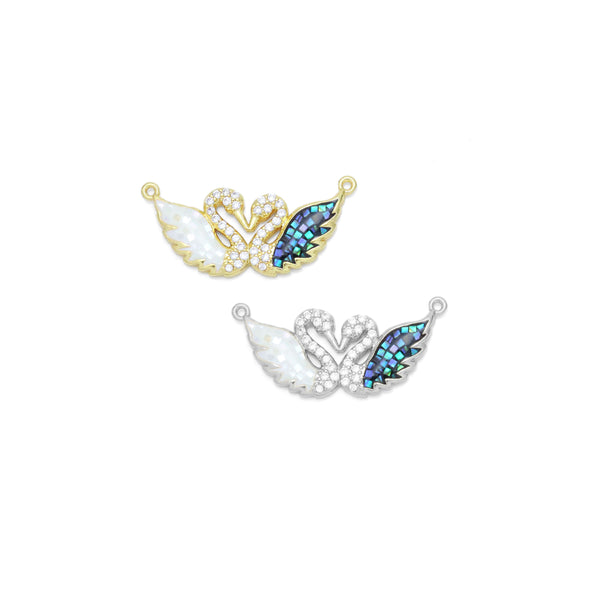 CZ Pave Abalone White Mop Swans Charm Connector, Sku#WL5
