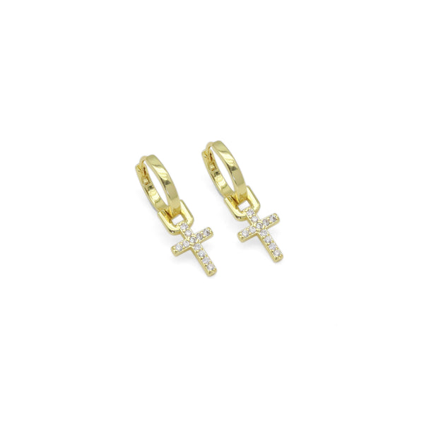 CZ Gold Cross Hoop Earrings, Sku#Y917