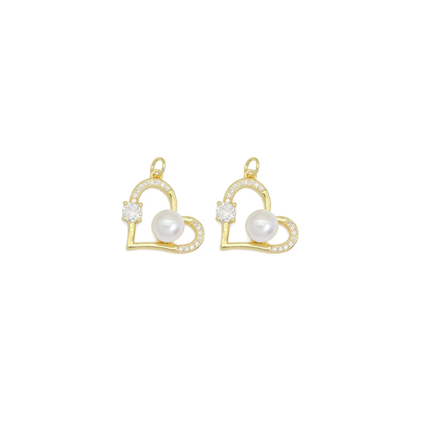 Gold CZ Heart With White Pearl Charm, Sku#Y928