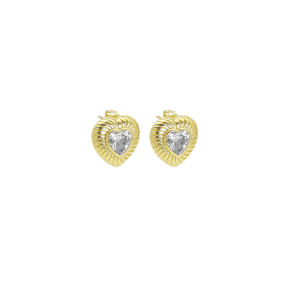 Gold Heart Clear CZ Stud Earrings, Sku#Y933