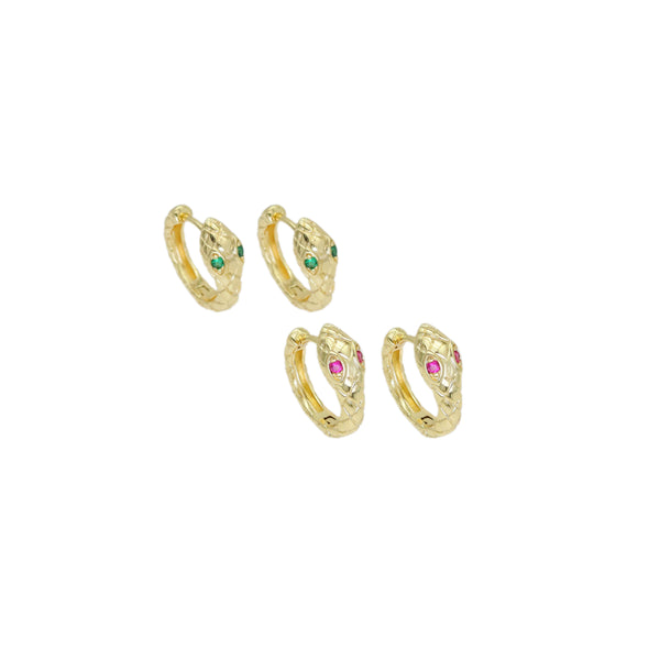 Green Pink Eye Gold Snake Huggie Earrings, Sku#ZX183