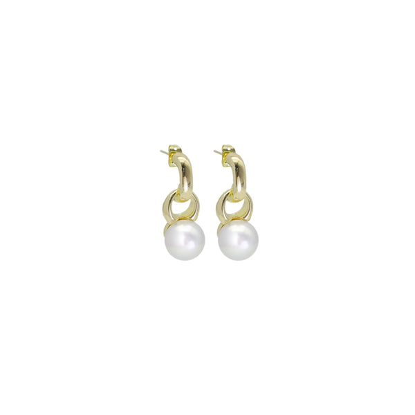 CZ Chunky Gold Link White Pearl Earrings, Sku#ZX188