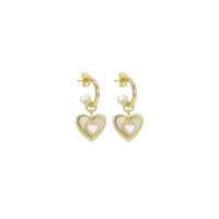 Gold White Pearl Heart  Earrings, Sku#ZX194