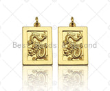 Shiny Gold Medallion Dragon Dog Tag Pendant, Dragon Rectangl