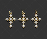 Gold Filled CZ Micro Pave Pearl On Cross Shape Pendant, 18k Gold Filled Mother of Pearl Charm, Necklace Bracelet Pendant, 23x15mm,Sku#LD103