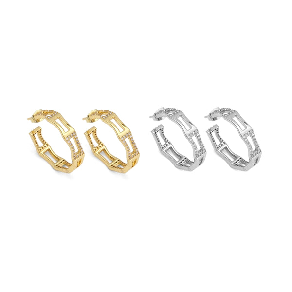 Gold Silver CZ Rectangle Bamboo Link Hoop Earrings, Sku#A129