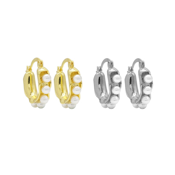 Gold Silver White Pearl Oval Hoop Earrings, Sku#A130