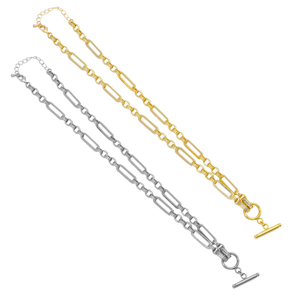 Gold Long Mixed Paperclip Chain OT Bar Adjustable Necklace,sku#EF315