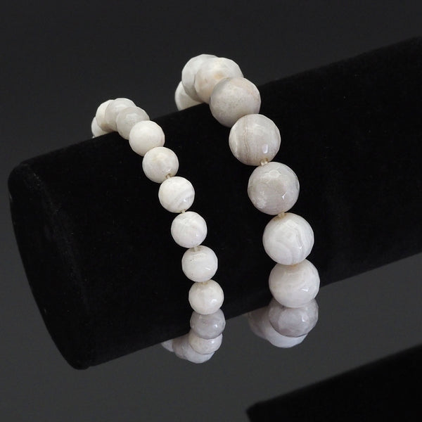 Genuine White Lace Agate Round Faceted Stretchy Bracelet, 8mm/10mm/12mm, Sku#EF364