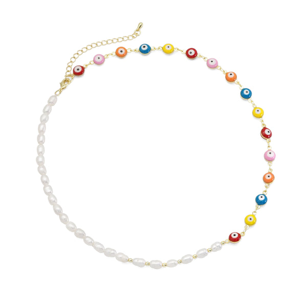 Colorful Enamel Evil Eye Freshwater Pearl  Necklace, Sku#EF477
