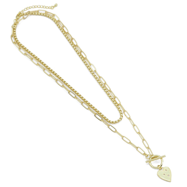 Gold Box Chain Paperclip Chain Heart Toggle Necklace,  Sku#EF484