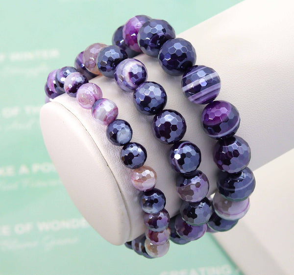 Mystic Purple Banded Agate Faceted Round Agate Stretchy Bracelet, Sku#EF95