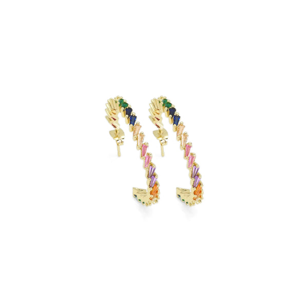 Gold Colorful Baguette CZ Round Stud Earrings, Sku#LD456