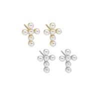 Gold Silver Pearl Cross Stud Earrings, Sku#LD469