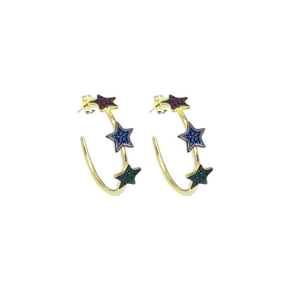 Colorful Multi Star Gold Hoop Earrings, Sku#LD495