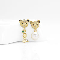CZ Panda Pearl Gold Stud Earrings, Sku#LK837