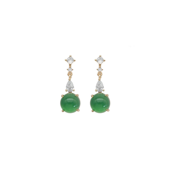 Clear CZ Gold Green Round Jade Stud Earrings, Sku#LX352