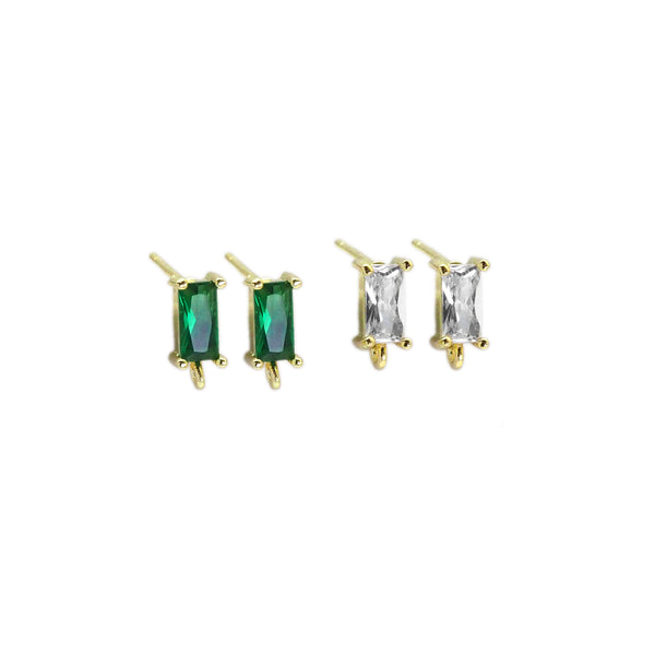 Green Clear Rectangle CZ Gold Stud Earrings with hoop, Sku#LX388