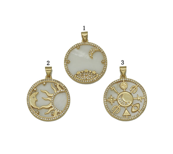 Mother of Pearl Sun Moon Lucky Round Charm, Sku#LX82